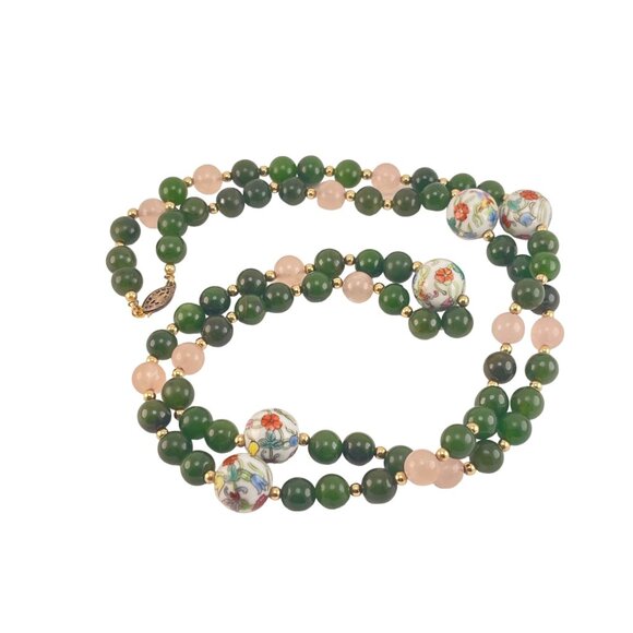Jade Nephrite Rose Quartz Beaded Vintage GlassNecklace With Floral Porcelain Acc - Picture 7 of 9